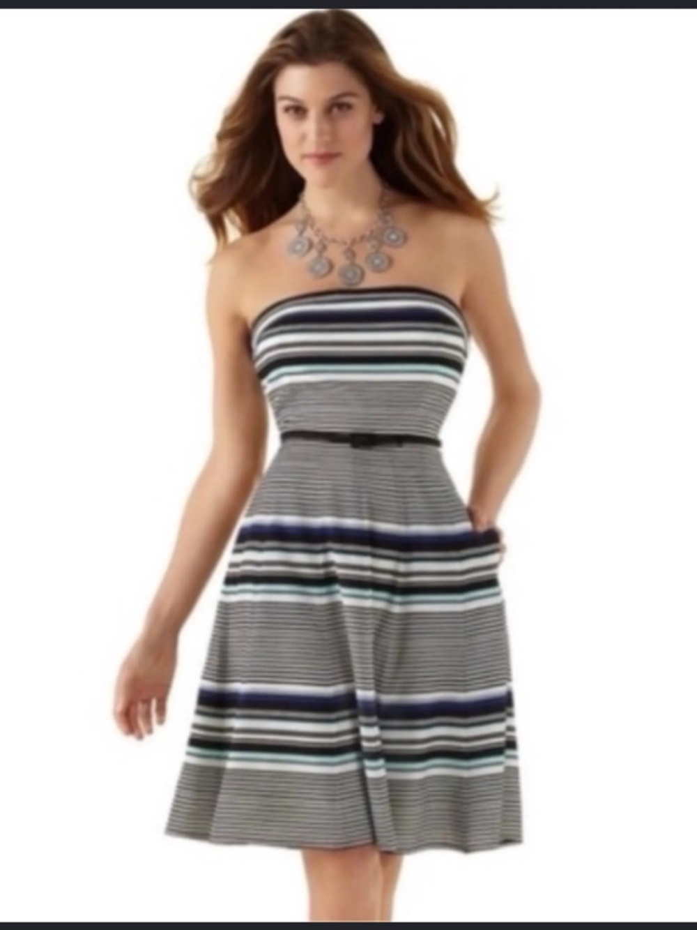 White House Black Market Strapless Black, White & Navy Striped Dress